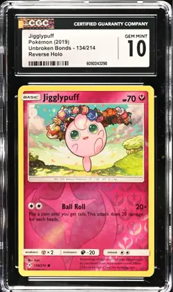 CGC 10 GEM MINT Jigglypuff 134/214 Reverse Holo Unbroken Bonds Sun Moon Pokemon - Image 1