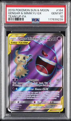 2019 POKEMON SUN & MOON TEAM UP #164 FULL ART/GENGAR & MIMIKYU GX PSA 10 - Image 1