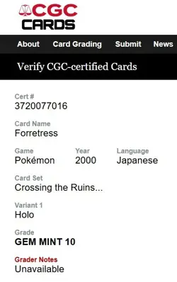 Pokemon Crossing the Ruins Forretress Holo No. 205 CGC Mint 9 (GEM MINT 10) - Image 3