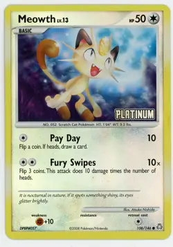 2008 Pokemon Meowth 106/146 Reverse Holofoil Legends Awakened Moderately Played - Image 1