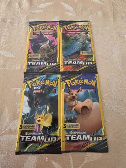 Pokemon Sun & Moon Team Up Mini Booster Pack Lot – 4 Sealed Packs – Pikachu Zekr - Image 1