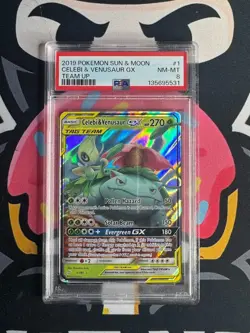 Pokemon Celebi & Venusaur GX 1/181 Sun & Moon Team Up Holo Full Art - PSA 8 - Image 1