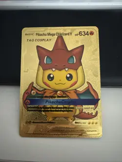 Pokemon TCG Basic Pikachu Mega Charizard Y Tag Cosplay HP 634 Gold Foil Fan Art - Image 1