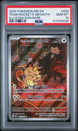 2025 POKEMON DRI EN-DESTINED RIVALS #203 TEAM ROCKET'S MEOWTH PSA 10 - Image 1
