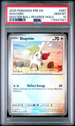 Pokemon Prismatic Evolutions Shaymin Master Ball Reverse Holo 087 PSA 10 - Image 1