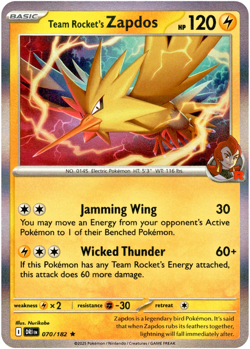 Pokemon TCG Team Rocket's Zapdos 070/182 Destined Rivals Holo Rare - Image 1