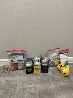 Pokemon TCG 200+ Card Lot Pikachu Plush, Card Boxes & Sleeves Card Binders Etc - Image 1