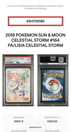 Pokemon Lisia Full Art 164/168 SM-Celestial Storm Ultra Rare PSA 9 Holo Trainer - Image 1