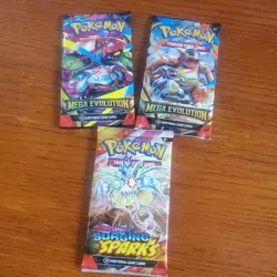 Lot 3 TCG Pokemon 2 Mega Evolution Booster Packs + 1 Surging Spark Trading Cards - Image 1