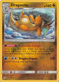 Pokemon TCG SM - Unified Minds Dragonite Rare 151/236 NM - Image 1