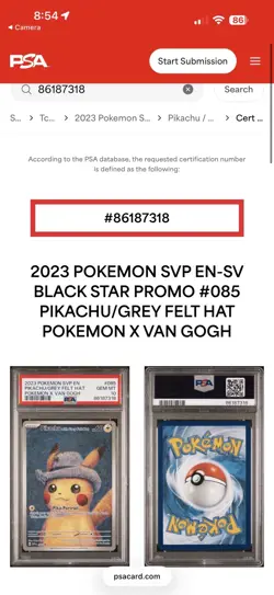 Pokemon Pikachu 2023 Van Gogh Grey Felt Hat #085 PSA 10 - Image 3