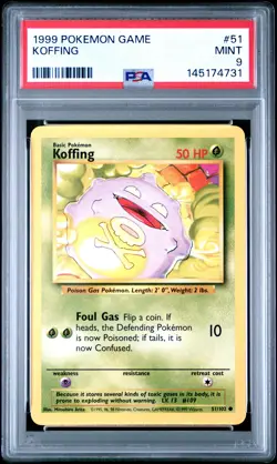 1999 POKEMON BASE SET UNLIMITED #51 KOFFING PSA 9 - Image 1