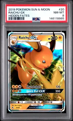 2019 POKEMON SUN & MOON HIDDEN FATES #20 RAICHU GX PSA 8 - Image 1