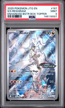2025 POKEMON JTG ENHANCED BOOSTER BOX TOPPER #167 N'S RESHIRAM PSA 9 - Image 1
