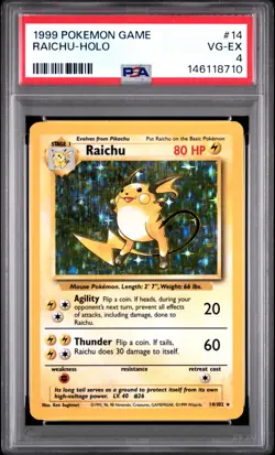 1999 POKEMON BASE SET UNLIMITED #14 RAICHU-HOLO PSA 4 - Image 1