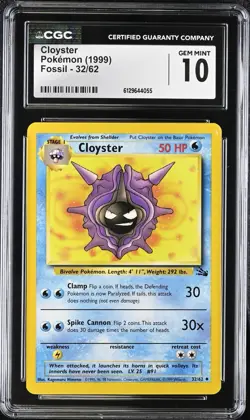 CGC 10 GEM MINT Cloyster 32/62 Fossi Vintage WOTC 1999 Pokemon Card - Image 1