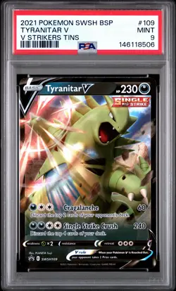 2021 POKEMON SWSH BLACK STAR PROMO V STRIKERS TINS #109 TYRANITAR V PSA 9 - Image 1