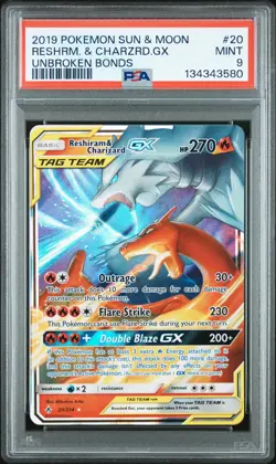 2019 POKEMON SUN & MOON UNBROKEN BONDS #20 RESHIRAM & CHARIZARD GX PSA 9 - Image 1