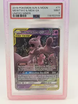 Mewtwo & Mew Gx Pokemon Sun & Moon Unified Minds 71/236 PSA 9 With Guard - Image 1