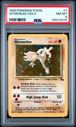 1999 POKEMON FOSSIL #7 HITMONLEE-HOLO PSA 8 - Image 1