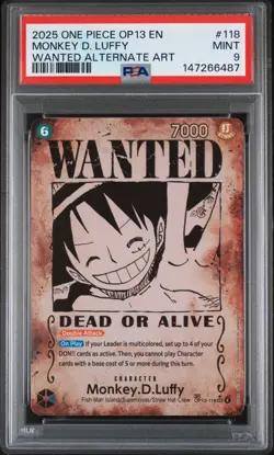 2025 One Piece OP13 En Monkey D. Luffy Wanted Alternate Art #118 PSA 9 Mint - Image 1