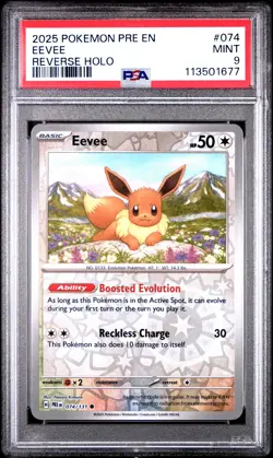 2025 POKEMON PRE EN-PRISMATIC EVOLUTIONS REVERSE HOLO #074 EEVEE PSA 9 - Image 1