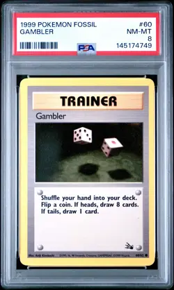 1999 POKEMON FOSSIL #60 GAMBLER PSA 8 - Image 1