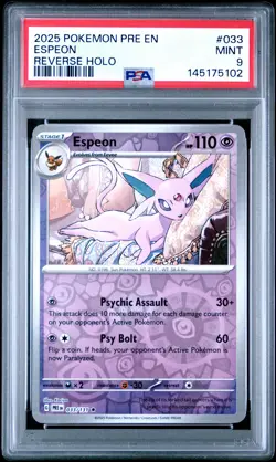 2025 POKEMON PRE EN-PRISMATIC EVOLUTIONS REVERSE HOLO #033 ESPEON PSA 9 - Image 1