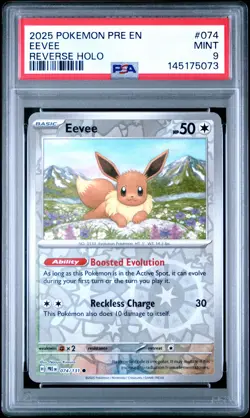 2025 POKEMON PRE EN-PRISMATIC EVOLUTIONS REVERSE HOLO #074 EEVEE PSA 9 - Image 1
