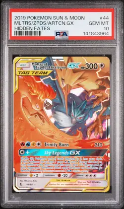 2019 POKEMON SUN & MOON HIDDEN FATES #44 MOLTRES & ZAPDOS & ARTICUNO GX PSA 10 - Image 1