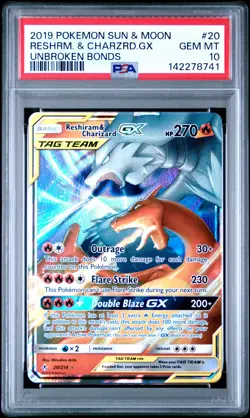 2019 POKEMON SUN & MOON UNBROKEN BONDS #20 RESHIRAM & CHARIZARD GX PSA 10 - Image 1