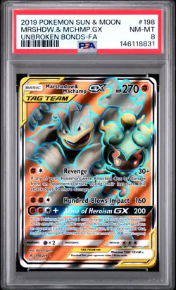 2019 POKEMON SUN & MOON UNBROKEN BONDS FULL ART/MARSHADOW & MACHAMP GX PSA 8 - Image 1