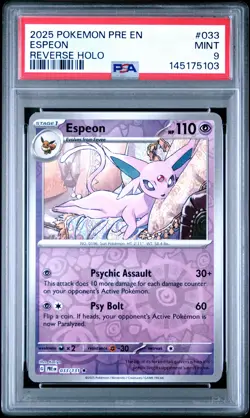 2025 POKEMON PRE EN-PRISMATIC EVOLUTIONS REVERSE HOLO #033 ESPEON PSA 9 - Image 1