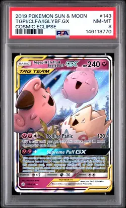 2019 POKEMON SUN & MOON COSMIC ECLIPSE #143 TOGEPI & CLEFFA & IGGLYBUFF GX PSA 8 - Image 1