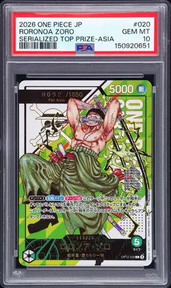 2026 ONE PIECE JPN PROMO SERIALIZED TOP PRIZE #020 RORONOA ZORO 92/1850 PSA 10 - Image 1