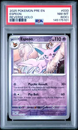 2025 POKEMON PRE EN-PRISMATIC EVOLUTIONS REVERSE HOLO #033 ESPEON PSA 8 - Image 1