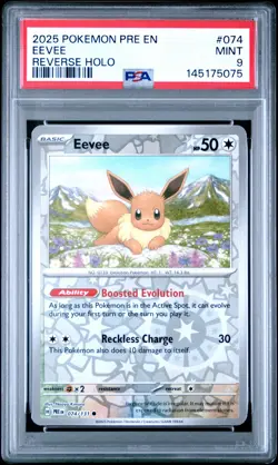2025 POKEMON PRE EN-PRISMATIC EVOLUTIONS REVERSE HOLO #074 EEVEE PSA 9 - Image 1