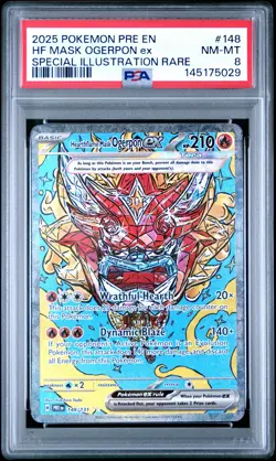 2025 POKEMON PRE EN-PRISMATIC EVOLUTIONS #148 HEARTHFLAME MASK OGERPON EX PSA 8 - Image 1