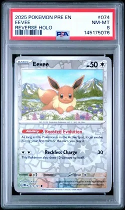 2025 POKEMON PRE EN-PRISMATIC EVOLUTIONS REVERSE HOLO #074 EEVEE PSA 8 - Image 1