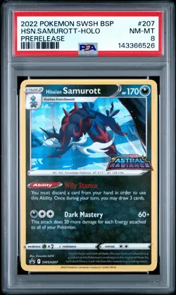 2022 POKEMON SWSH BLACK STAR PROMO PRERELEASE #207 HISUIAN SAMUROTT-HOLO PSA 8 - Image 1