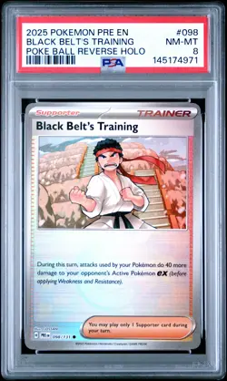 2025 POKEMON PRISMATIC EVOLUTIONS POKE BALL REV HOLO BLACK BELT'S TRAINING PSA 8 - Image 1