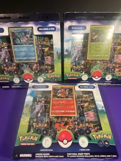 3 Pokemon Go Pin Collection Box Lot Bulbasaur Charmander Squirtle Factory Sealed - Image 1