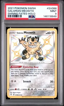 2021 POKEMON SWORD & SHIELD SHINING FATES #SV086 GALARIAN MEOWTH-HOLO PSA 9 - Image 1