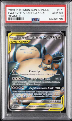 2019 POKEMON SUN & MOON TEAM UP #171 FULL ART/EEVEE & SNORLAX GX PSA 10 - Image 1