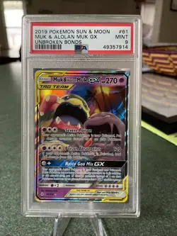 2019 Pokemon Muk & Alolan Muk GX 61/214 SM Unbroken Bonds Ultra Rare PSA 9 - Image 1