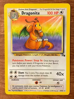 1999 Dragonite Pokemon Card Non-Holo Rare Fossil Set #19/62 Vintage Unlimited - Image 1