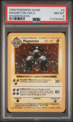 1999 POKEMON BASE SET SHADOWLESS #9 MAGNETON-HOLO PSA 8 - Image 1