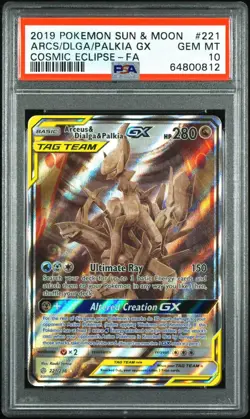 2019 Pokemon Cosmic Eclipse Arceus & Dialga & Palkia GX Alt Art 221/236 PSA 10 - Image 1