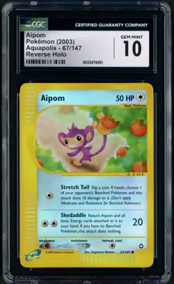2003 Pokemon Aquapolis Aipom Reverse Holo 67/147 CGC Gem Mint 10 - Image 1