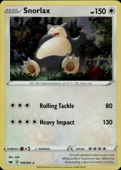 Pokemon: SWSH01: Sword & Shield Base Set Snorlax #140/202 Rare,Cosmos Holo .P2N - Image 1